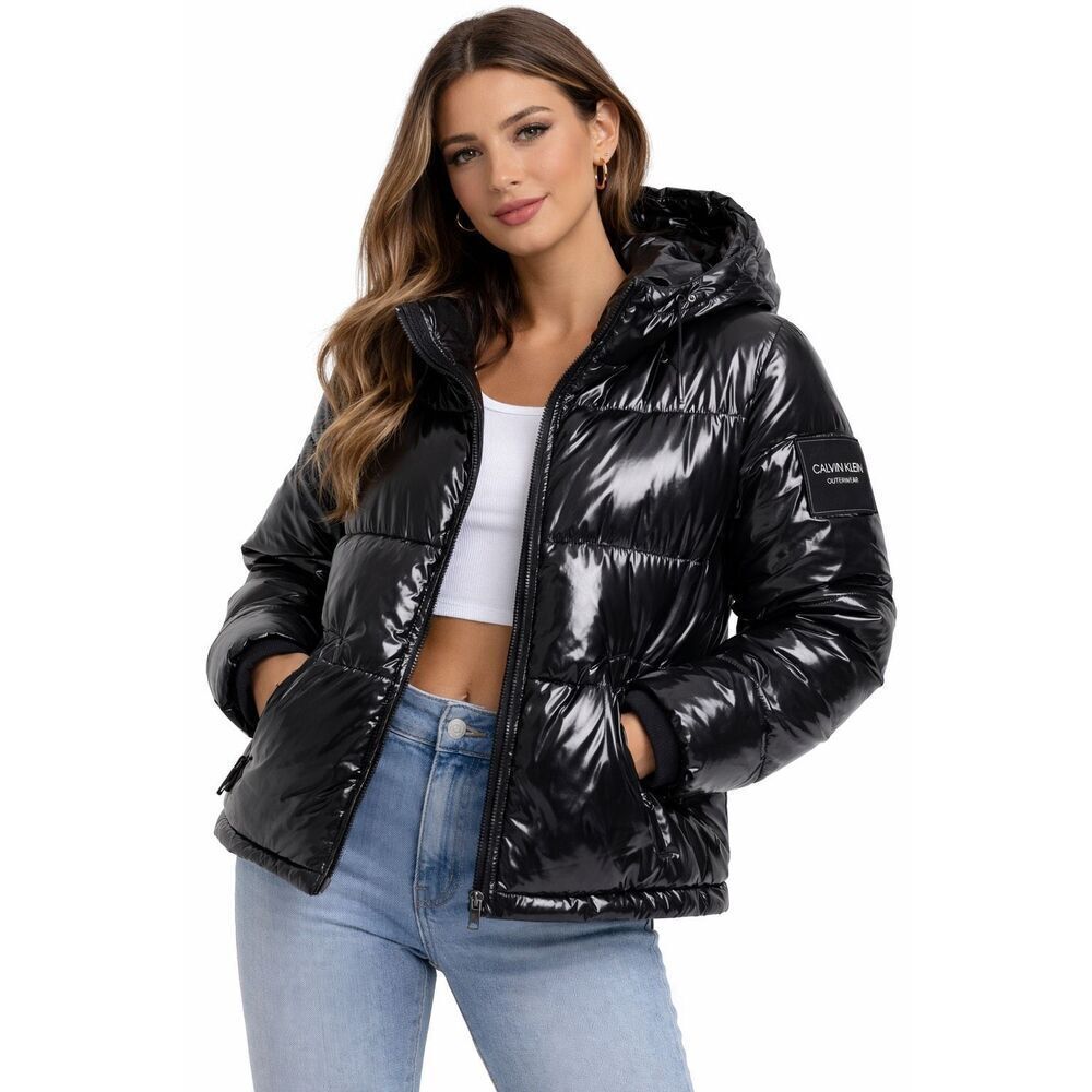 Calvin Klein Women’s Black Shiny Hooded Puffer Coat Full Zip Size Large